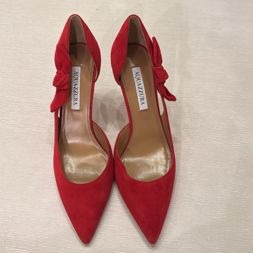 NWT AQUAZZURA Red Bow Tie Pointed toe Pumps size EU 39.5 - Picture 6 of 14